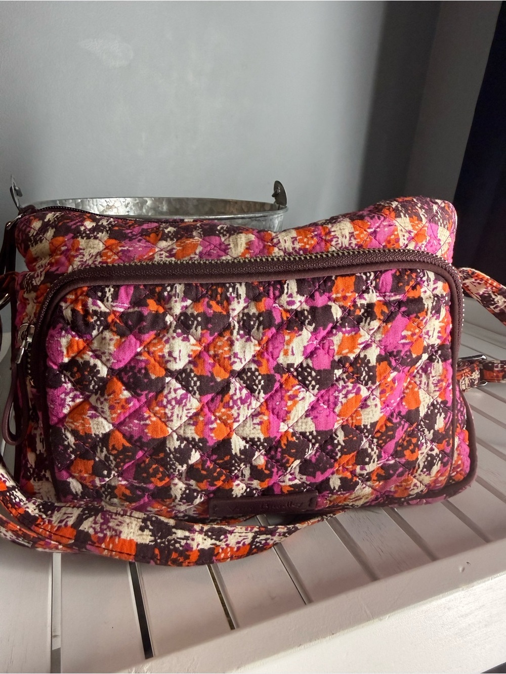 Vera Bradley Carson Crossbody Bag "Houndstooth Tweed" Quilted Pink Orange EUC